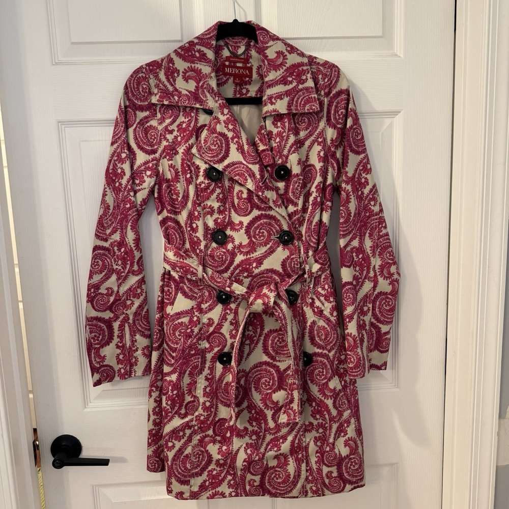 Merona‎ Trench Coat Womens Small Pink Paisley Water Repellent Belted Jacket